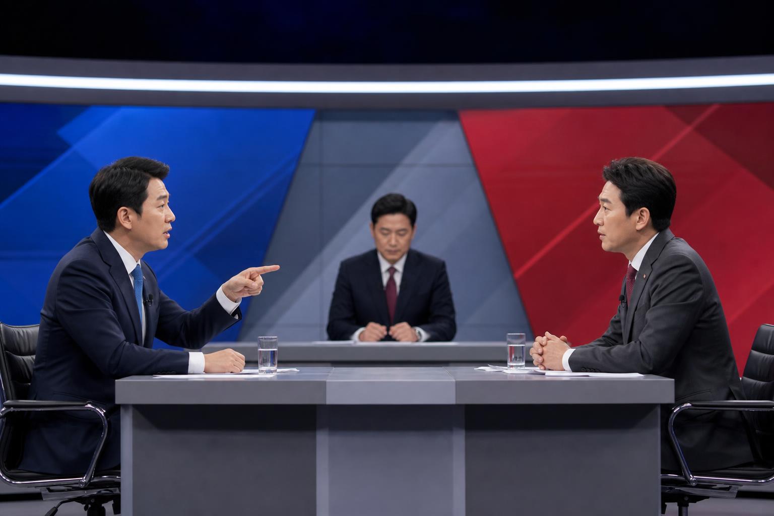 TV 토론 기사 핵심 맥락을 보여주는 이미지 - 보도에 따르면 부산 북갑 선거구 TV토론에서는 상대 후보에게 길게 설명할 시간을 주기보다 YES 또는 NO 같은 단답형 답변 을 요구하는 장면이...