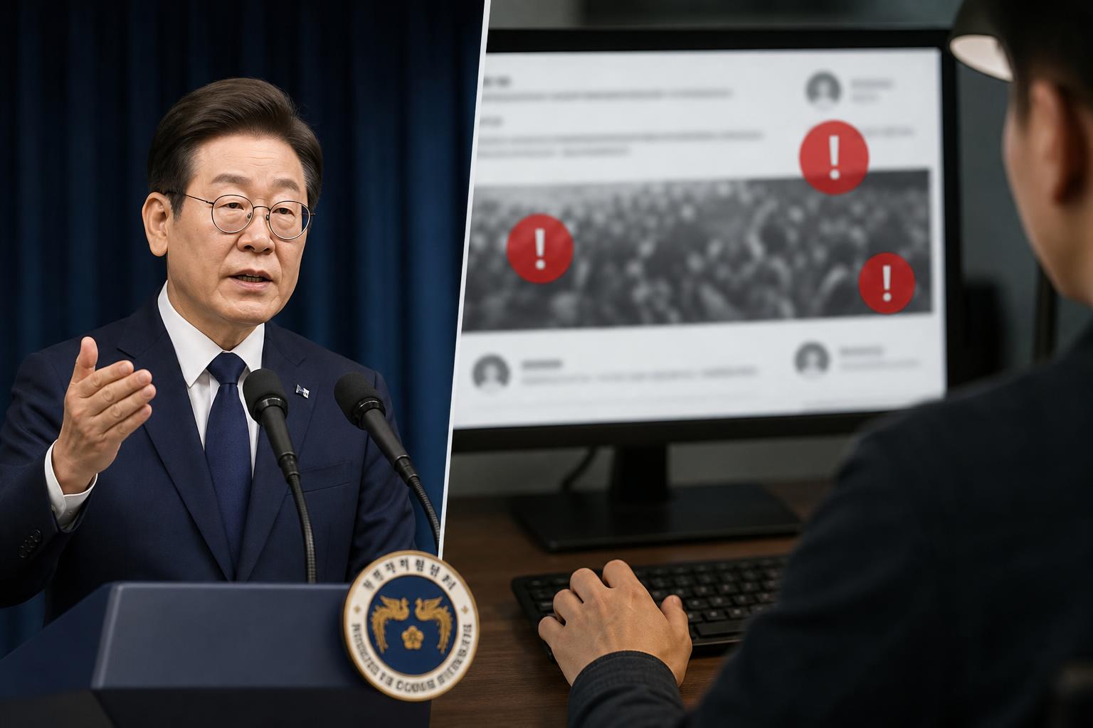 [허위정보 수사, 사회적 참사, 대통령 메시지] 기사 핵심 맥락을 보여주는 이미지 - 보도에 따르면 대통령은 사회적 참사와 연관된 허위 게시물에 대해 강하게 경고하며 관련 수사와 제재를 강화 하겠다고 밝혔다. 핵심은 허위정보...