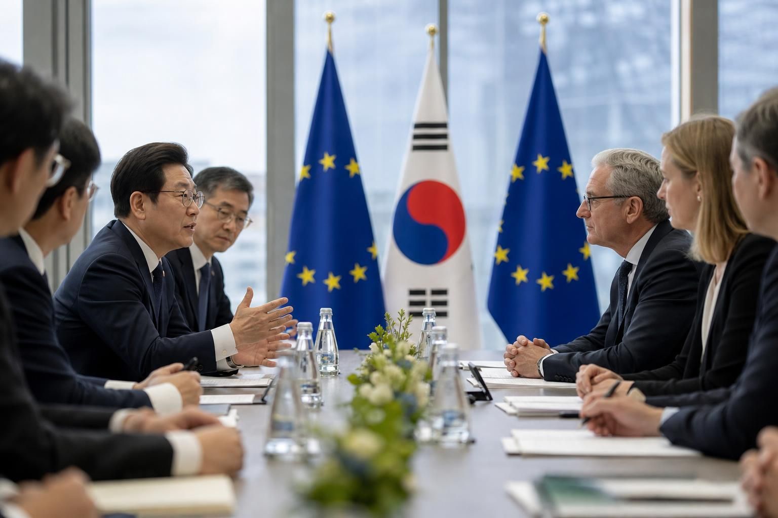 [EU steel tariff, Brussels, trade negotiation] 기사 핵심 맥락을 보여주는 이미지 - 유럽에서는 경기 불확실성과 함께 철강 수요 둔화가 이어지는 가운데, 수입 철강의 물량 및 가격 변동성이...